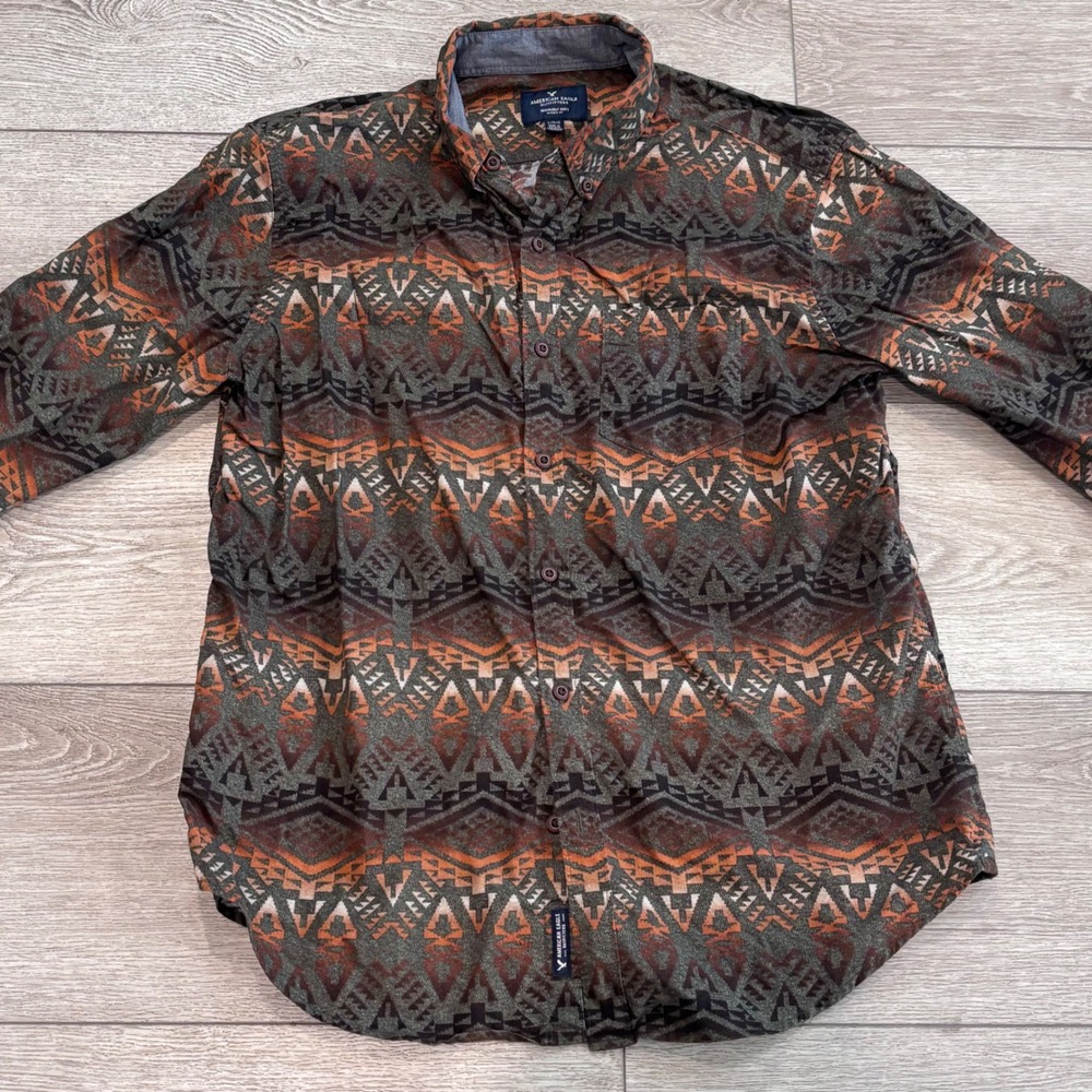 American Eagle Button Down Shirt Mens Large Orange Geometric Southwestern Print
